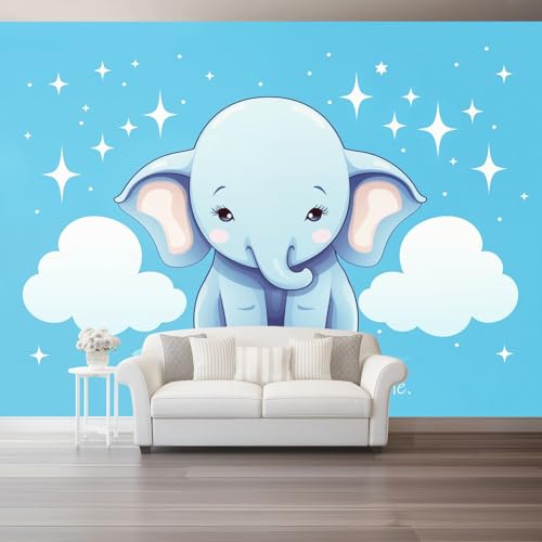 Papel Pintado Mural - Lindo Animal Elefante Bebé Papel Pintado Póster para Pared Dormitorio, Azul Mural Fotomurales para Decoración del Sala de Estar Estudio 350 x 256 cm