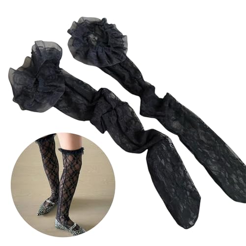 Layered Ruffle Trim Fishnets Thigh High Stockings for Women Japanese Girl Hollow Out Flower Over Knee Lace Long Socks2