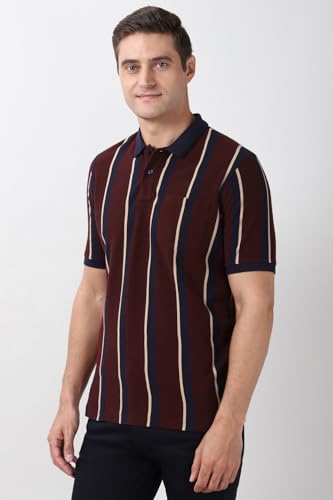 Image of Peter England Men's 100% Cotton Vertical Striped Polo T-Shirt - Casual Wear | Sleek & Comfortable