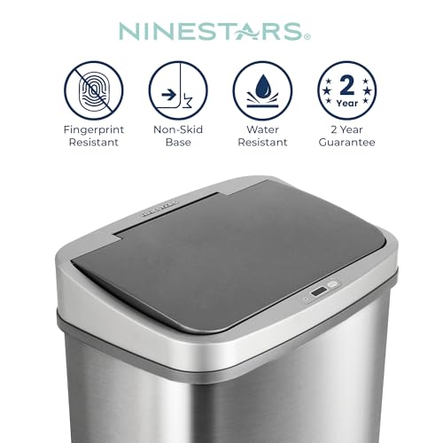 Image of Ninestars Stainless Steel Dzt-50-28Br Automatic Touchless Motion Sensor Oval Trash Can, Black Top, 13 Gal. 50 L, Brush