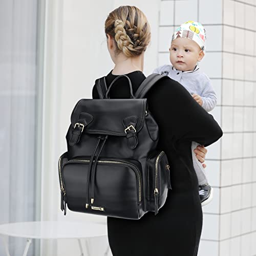 Hafmall Diaper Bag Backpack, Leather Diaper Backpack With 4 Insulated Pockets For Mom Dad, Stylish Baby Bag With Stroller Hooks, Travel Backpack For Mommy, Black Maternity Bag #TOP5