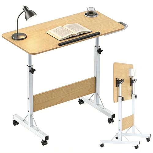Verdego Höhenverstellbarer Schreibtisch mit Rollen, Kleiner Schreibtisch Klappbar 84x40cm Höhe 67-95 cm, Beistelltisch Höhenverstellbar, Mobiler Computertisch für Homeoffice, Stehpult Kleiner, Walnuss