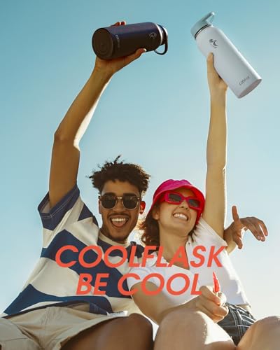 Image of Coolflask 40 oz Water Bottle Insulated with PU Leather Sleeve & 3 Lids