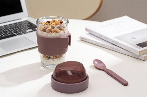 Image of Stegl Glass Yogurt & Coffee Cup 400ml with Dual-Compartment Topping Lid, One-Hand Flip Click Lock, Spoon & Silicone Sleeve - For Overnight Oats, Cereal, Fruit & Coffee Snacks