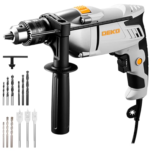 DEKOPRO Perceuse à Percussion Filaire 950W, Perceuse 2-en-1 6 Vitesses, 2800 RPM, 48,000 BPM, Mandrin Métallique 13mm, 12 Mèches (Diamètre de Perçage Dans l'Acier/le Bois/la Maçonnerie : 13/30/12 mm)