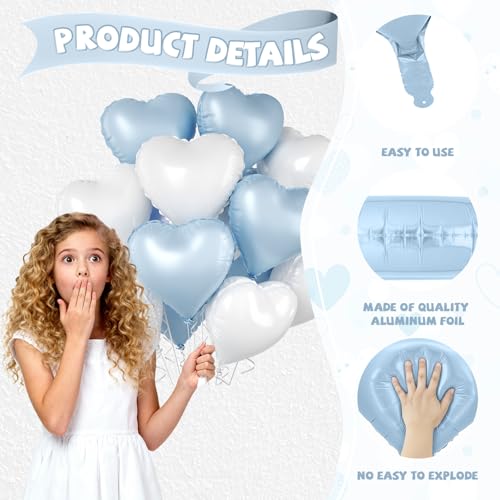 Image of Baby Blue Heart Balloons, 10 Pcs Pastel Light Blue and White Heart Shaped Balloon, 18 Inch Cream Sand White Foil Balloons for Boys Men Brithday Bridal Baby Shower Wedding Valentines Party Decoration
