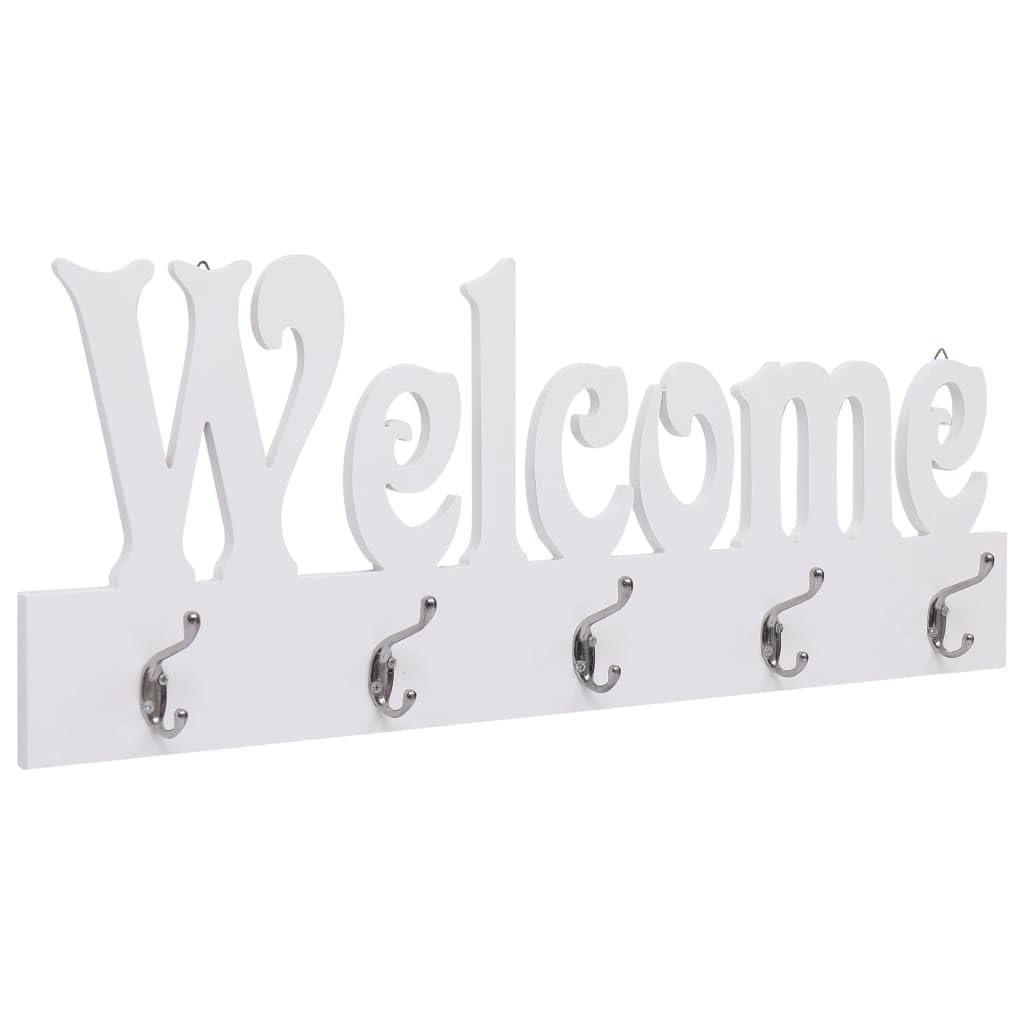 Porte-manteau mural WELCOME blanc en MDF, 74 x 29,5 cm, avec 5 crochets en cuivre, pour couloir, entrée, rangement pour veste, manteau, clés, poche