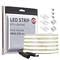 BTF-LIGHTING FCOB COB LED Strip IP65 480LED/m Flexible High Density Uniform Light 9W/m 16.4FT DC12V Natural White 4000K CRI 90+ 8mm Width for Home Indoor Decor(No Adapter or Controller)