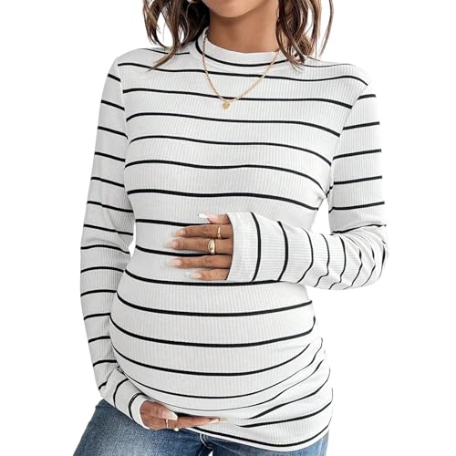 Chemise de grossesse rayée en coton polyester extensible à manches longues confort