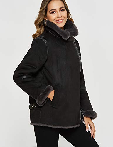 Escalier Women's Faux Fur Coat Lapel Rabbit Fur Lined Warm Winter Leather Jacket Black S - Thumbnail 4
