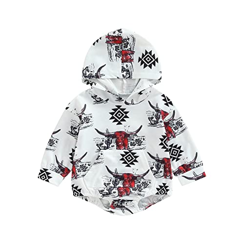 Image of Endorothii Baby Boy Girl Fall Winter Clothes Cow Print Hooded Sweatshirt Romper Long Sleeve Onesie Shirt Western Outfit (White , 0-6 Months )