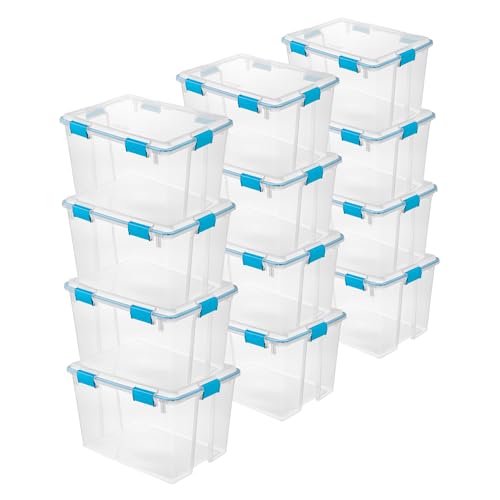 Image of Sterilite Gasket Storage Box with Lids for Home & Office, 80 Quart, 12-Pack | Heavy-Duty, Stackable, and Organizing Containers for Bathroom, Cabinet, Closet, and Garage, Clear and Blue Aquarium Latches