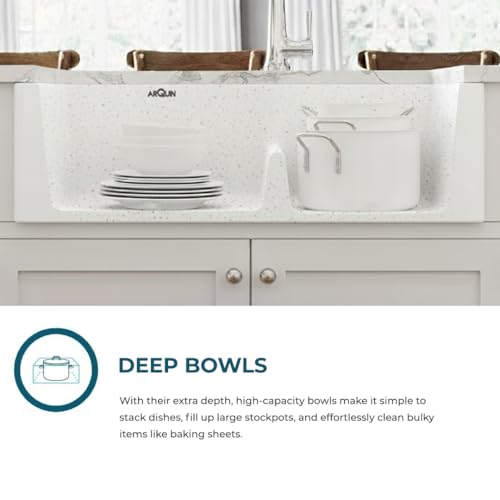Image of ARQUIN Double Bowl Quartz Kitchen Sink 34x20x9 Inch Rosa | Durable & Scratch-Resistant Sink | Undermount,Topmount | Including Coupling,Sink Connector,Waste Pipe & Fruit Washing Basket