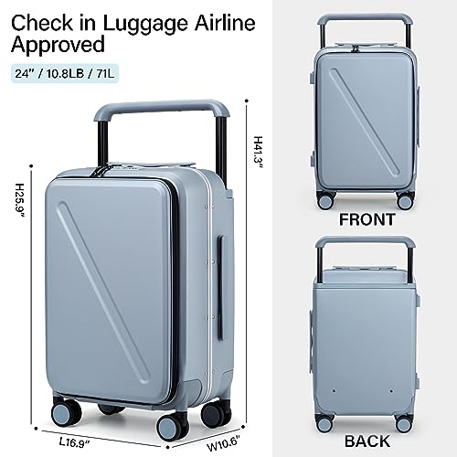 MILADA Wide Handle Luggage with Front Pocket Hardshell Aluminium Check In Suitcase with Wheels Medium 24 Inch Front Opening Checked Luggage with Spinner Wheels TSA Lock Airline Approved Luggage, Grey3