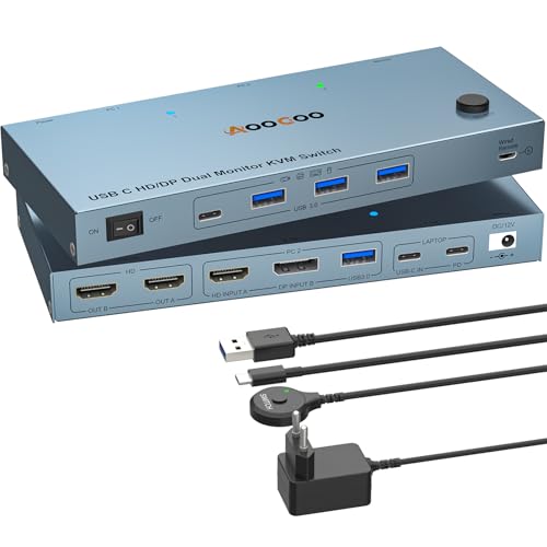 USB C KVM Switch 4K@60Hz, Dual Monitore DP HDMI KVM Switches für 1 PC und 1 Laptop mit 4 USB 3.0 Häfen, PD Stromversorgung für Laptop, Kabelfernbedienung, USB Kabel im Lieferumfang enthalten