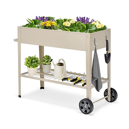 COSTWAY Cama de Jardín Elevada con Patas, Caja de Cultivo Elevada para Macetas con Estante Inferior, Jardinera Móvil con Ruedas y Patas, Jardinera Elevada de Metal para Patio (Blanco)