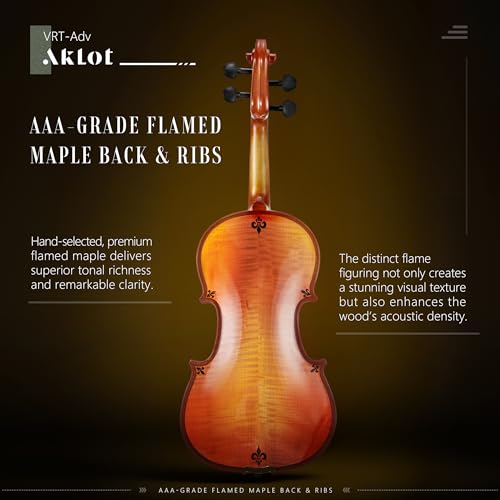 Image of AKLOT Handcrafted Flamed Maple Violin: Full Size Glossy Fiddle, Acoustic Advanced 4 /4 Violin Kit with Ebony Bow, Solid Wood Shoulder Rest, Lesson Book, Hard Case, Extra Strings, Tuner (VRT-AdvOB)