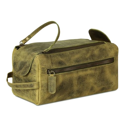 KomalC Premium Buffalo Leather Toiletry Bag for Men & Women With Water resistant Lining, Grooming Travel Pouch, Unisex Wash Bag for Toiletries, Gifts for Men and Women