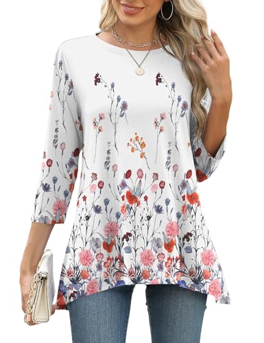LOMON 3/4 Sleeve Tunic Tops for Women Loose Fit Dressy Casual Blouse Flowy Shirts to Wear with Leggings S-3XL