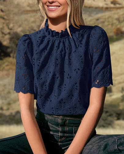PRETTYGARDEN Womens Summer Tops 2025 Trendy Short Sleeve Eyelet Embroidered Dressy Casual Blouse Shirts2