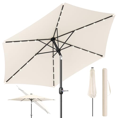 WOLTU Sonnenschirm 300 cm mit Led-Solar-Beleuchtung UV-Schutz 50+ Gartensonnenschirm neigbar mit Schutzhülle Kurbel für Balkon Garten Terrasse Beige
