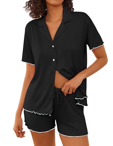 Ekouaer Womens Pajama Sets Button Up Bride Pjs Set 2 Piece Soft Sleepwear Short Sleeve Lounge Sets with Shorts, S-XXL