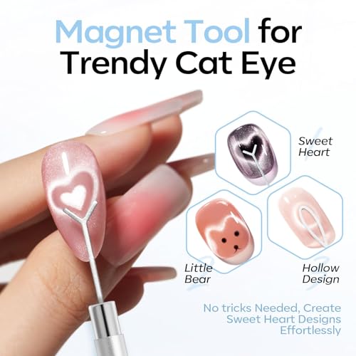 Image of modelones Cat Eye Magnet Set, 5PCS 3-in-1 Dual-Head Nail Magnet Pen with Heart, Lightning & Ball Shapes for Cateye Gel Polish, Side Light Wide Light Glass Glow Effects, DIY Nail Art Tool
