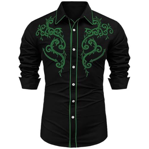 Image of Mymyguoe Western Shirt Men's Casual Western Shirt Wedding Party Men's Shirt Cowboy Embroidered Long Sleeve Shirt Print Slim Western Shirt Retro Lapel Shirts Traditional Cowboy Shirt, Q2 Green, M