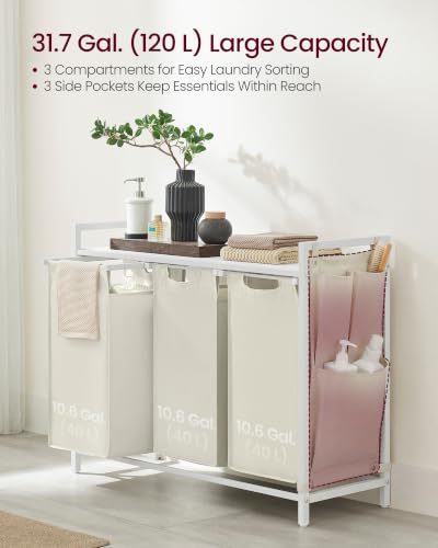 Image of VASAGLE Laundry Hamper with Shelf, 3 Pull-Out Bags, 3 x 10.6 Gallons (40 L)