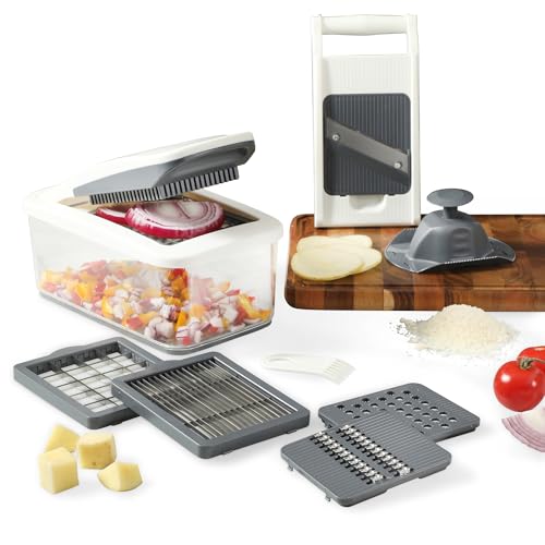 Image of Calphalon Vegetable Chopper With Container, 3 Blades with1 Chopper and1 Mandoline, 5-in-1 Food Chopper with Stainless Steel Blades & Mandoline Slicer, Multi-Functional Dicer with Storage Container