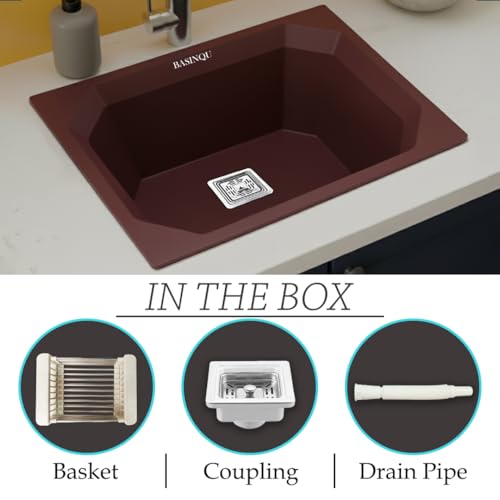 Image of BASINQU BASINQU Quartz Sink for Kitchen | 24x18x9 Inches Brown Single Bowl Sink For Kitchen Basin Diamond Designed | Granite UV Protected Scratch Resistant, Undermount /Topmount Kitchen Sinks
