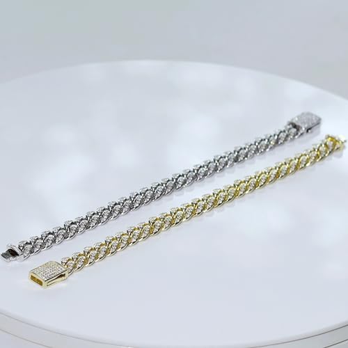 SAVEARTH DIAMONDS - Husband Birthday Gift Ideas, Bracelets for Men, 14k Gold Over Sterling Silver 3.50-4.00 Ct Round Cut Lab Created Moissanite Diamond, 8MM Width Cuban Chain Bracelet, VVS1 Clarity4