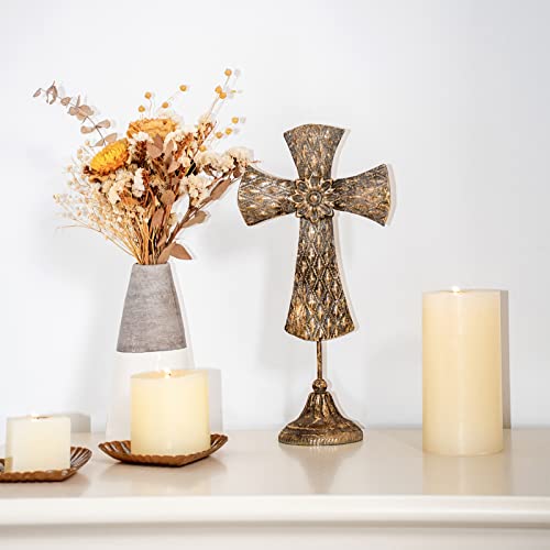 Vintage Gold Metal Cross With Base Farmhouse Sunflower Design Christians Crosses Spiritual Religious Cross Christmas Iron Cross Desktop Standing For Church Home Room Décor Tabletop Crucifix Gift #TOP5