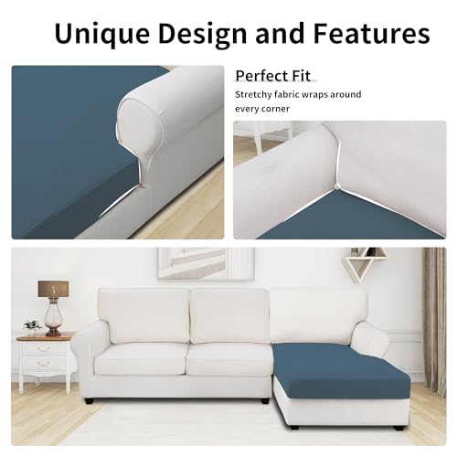Image of Easy-Going Stretch 1 Piece Chaise Lounge Cushion Slipcover | Sectional Couch Covers L Shape Separate Cushion Couch Seat Chaise Cover for Both Left /Right Sectional Couch Bluestone