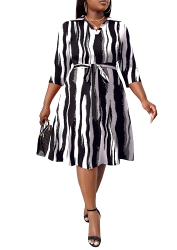 Image of FANDEE Plus Size Midi Dress for Women - Printing Summer Dresses for Wedding Guest Cocktail Party 3 /4 Sleeve V Neck(L-5XL)