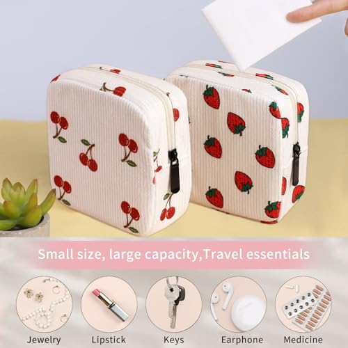 Image of Period Bag for Women, Portable Corduroy Sanitary Napkin Storage Bag Cherry Period Pouch with Zipper, Sanitary Pads Bag Tampons Holder for Purse, First Period