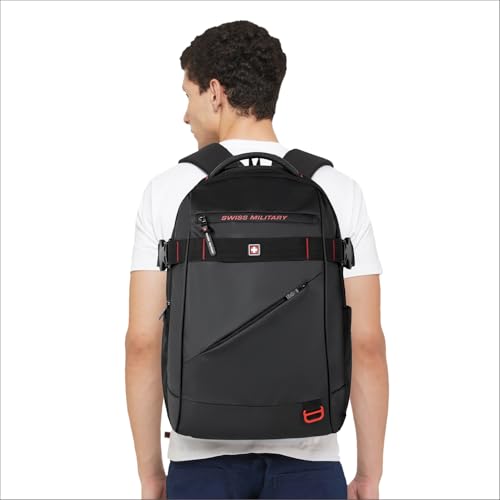 Image of SWISS MILITARY 30L Unisex Laptop Travel Backpack for 15.6-Inch Laptops - with Luggage Strap, Detachable Key Ring, Anti-Theft Pocket, Expandable Bottle Pocket for Office and College Use