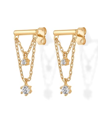 PAVOI 14K Gold Plated 925 Sterling Silver Posts Bar Drape Chain Earrings for Women - Cubic Zirconia Chain Dangle Studs - Drop Dangle Earrings3