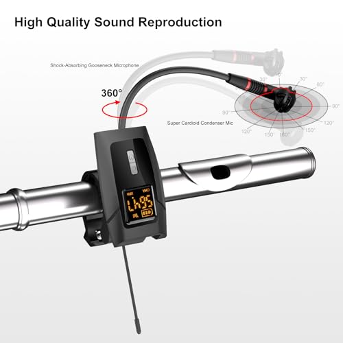 Image of Wireless Flute Microphone System, UHF Wind Music Instruments Microphone with Rechargeable Receiver and Transmitter 196ft Range, Professional Tubular Instrument Clip Great for Flute, Piccolo