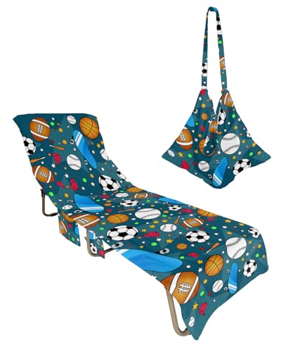 Sports Beach Lounge Chair Towel Cover, Soft Chaise Lounge Towel with Side Pockets Patio Pool Chairs Cover for Beach/Pool Sunbathing 29x85 Basketball Football Rugby Skateboard Teal Star