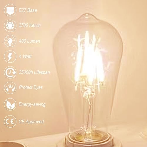 Golopatop E27 LED Filament Edison Screw Bulbs,4W Energy Saving Warm White 2700K ST64 LED Vintage Light Bulbs Clear Glass E27 Squirrel Cage Retro Edison Bulbs - Image 2
