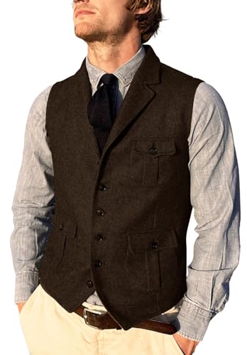 Men's Formal Suit Vest Slim Fit Herringbone Tweed Waistcoat With Lapel Business
