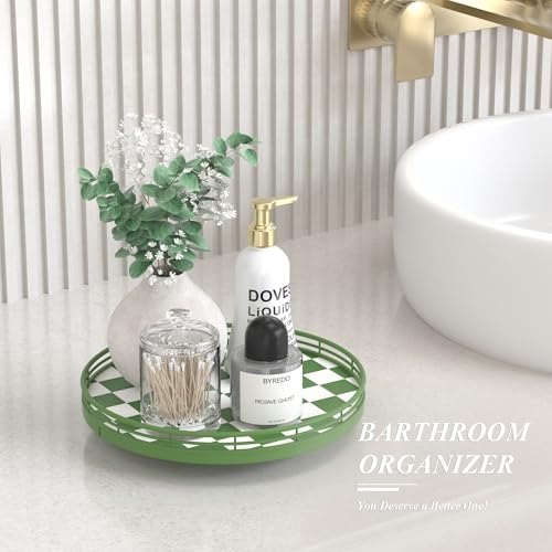 Image of Premium Rubber Wood Lazy Susan Turntable, Green White Checkerboard Decorative Serving Tray, Hand-Welded Metal Railing, Stable Rotating Organizer for Dining Table, Kitchen Counter, Coffee Table Decor