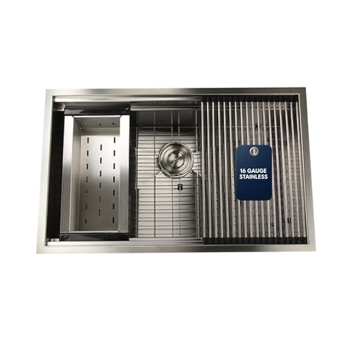 Nantucket Sinks ZR-PS-3220-16 Pro Series large Prep Station single Bowl Undermount Stainless steel Kitchen Sink with Included Rolling Mat, Grid, Colander & Drain, 32"