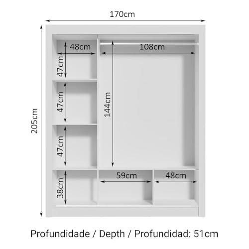 Image of Madesa 3 Sliding Doors Wardrobe Ample Storage Wooden Almirah 170 Cm with Shelves and Hanging Units for Bedroom - White