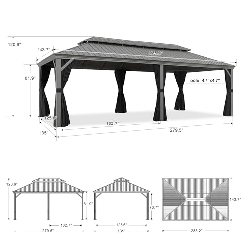PURPLE LEAF 12' x 24' Outdoor Hardtop Gazebo with Netting and Curtains Galvanized Steel Double Roof and Aluminum Frames Permanent Wind Resistance Pavilion Gazebo for Patio Deck Garden, Light Grey - Image 9