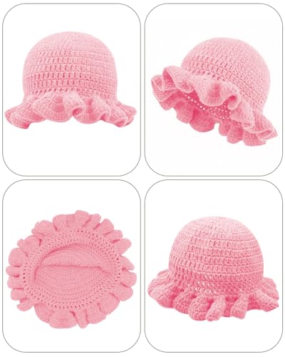 Image of Women Crochet Bucket Hat Cute Winter Ruffled Brim Floppy Cap Handmade Knit Cloche Hats