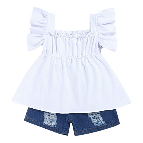 Toddler Baby Girl Clothes Flared Sleeves Ruffle Top Ripped Jeans Solid Color Summer Outfit Sets Pure White