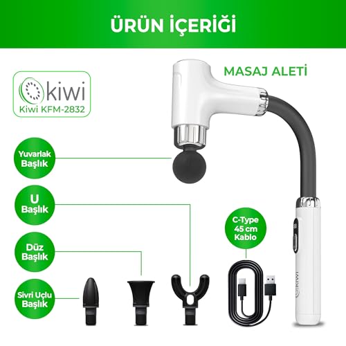 Kiwi KFM-2832 Kas Rahatlatıcı Şarjlı Masaj Aleti – 6 Hız 3 Mod Ayarlı, 4 Başlıklı, 1800 mAh Uzun Pil