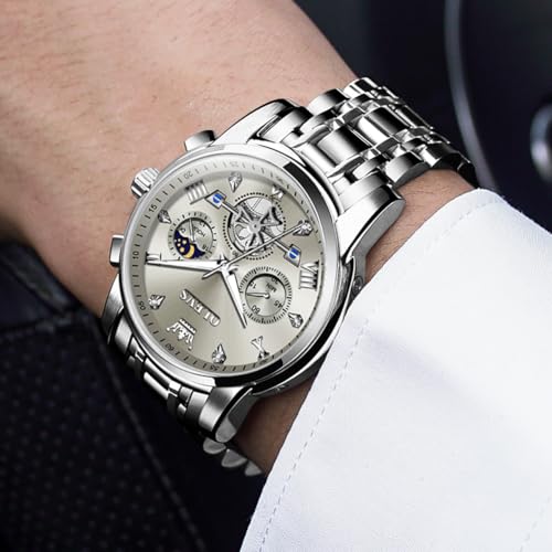 Image of OLEVS Watch for Men Analog Quartz Luxury Diamond Dial Dress Wrist Watches, 2856:Silver Gray, Silver Band Gray Dial | Chronograph, 100Ft Waterproof, Calendar, Luminous, Stainless Steel Strap